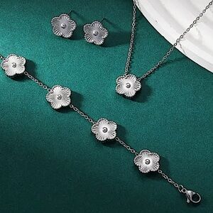 Silver Filled Four Leaf Clover Necklace Bracelet Earrings Set